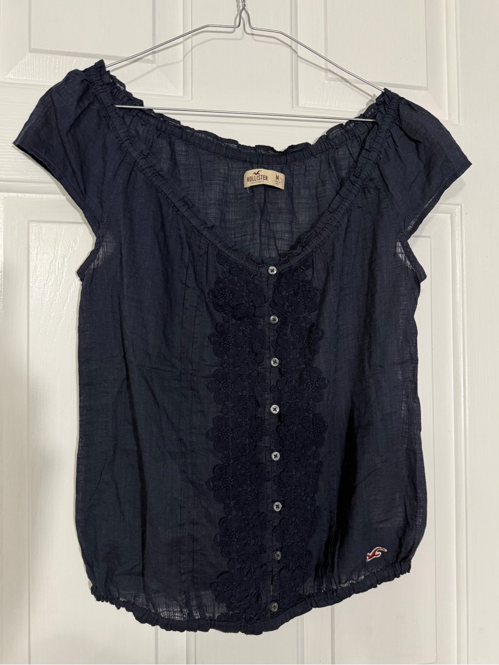 Hollister Cotton Navy Blouse Boho Cottage Y2K Lightweight Short Sleeve Cotton M
